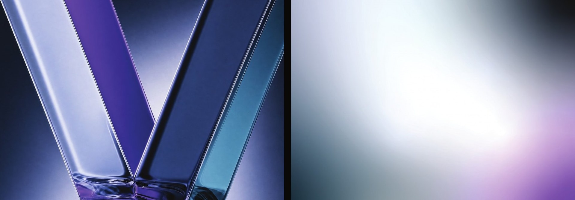 Glass V form in purple light and the brand gradient