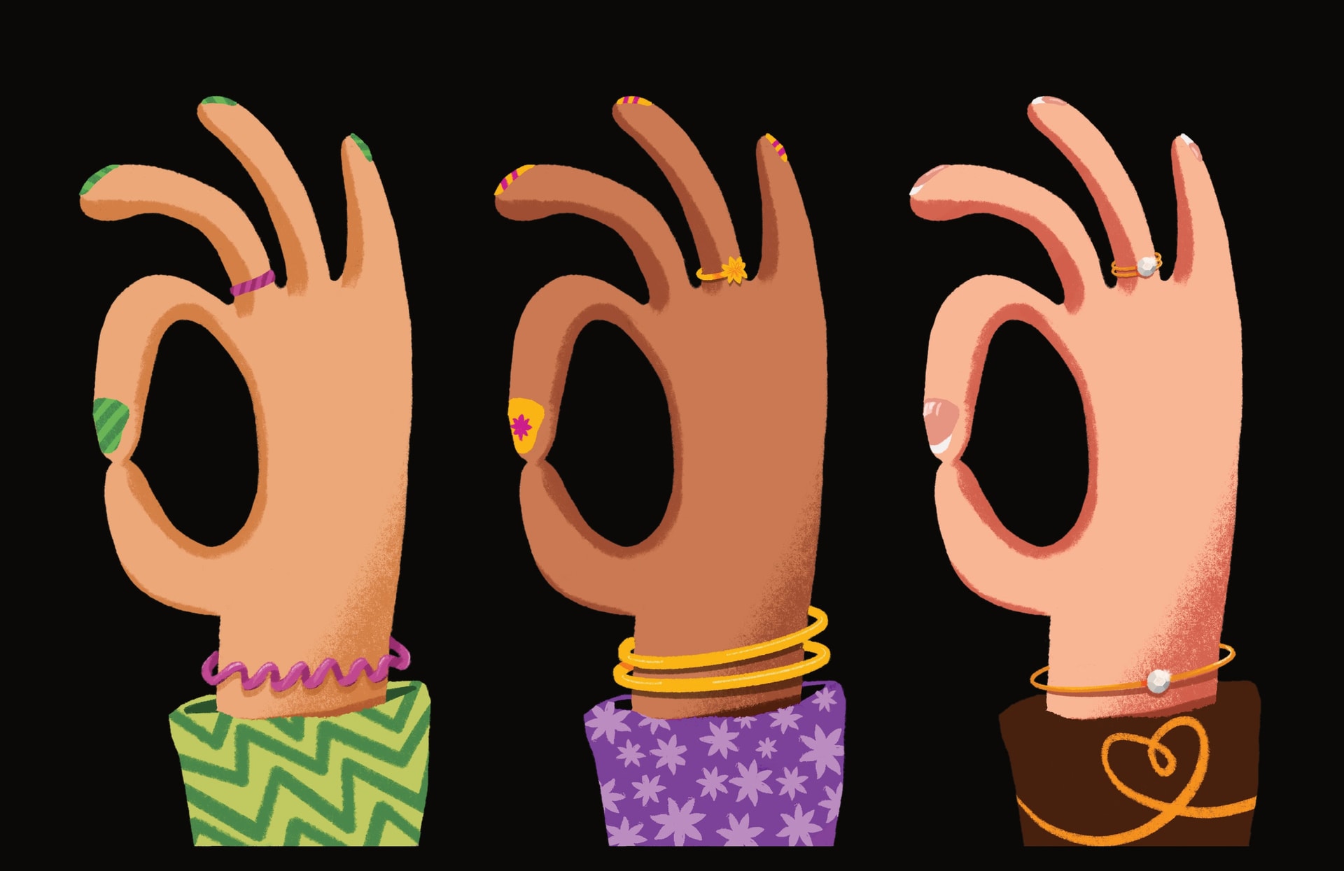 Three illustrated OK-sign hands with different skin tones and accessories
