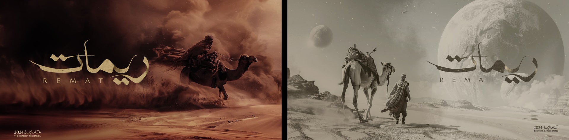 Key visuals: a rider in a red sandstorm, and a man and camel under giant planets